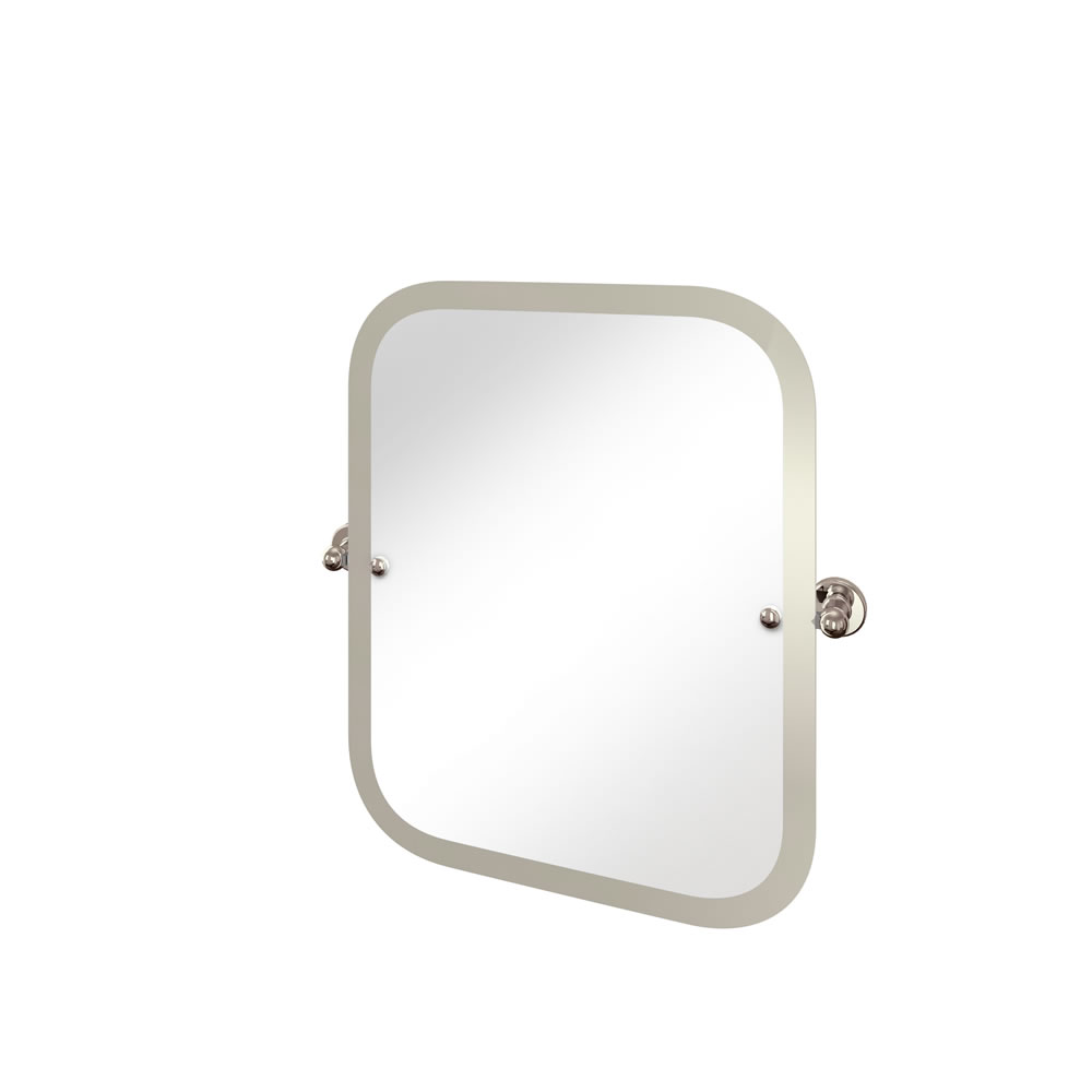 Rectangular swivel mirror with curved corners nickel plated brass wall mounts